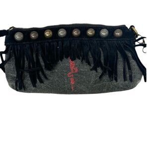 Ed Hardy Vintage Black Cow Leather Canvas Fringe Studded Clutch Wristlet